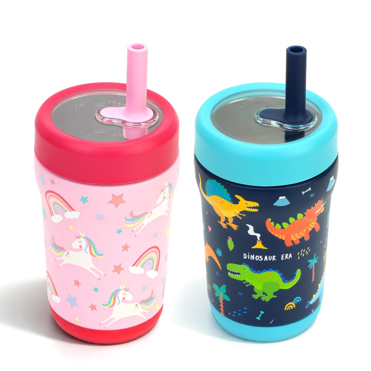 Zukro 12 oz Kids Insulated Stainless Steel Tumbler with Flexible Straw, Spill Proof Double-wall Toddlers Cup with Tritan Lid for Travel or At Home, BPA Free, Non-slip - Dinosaur & Unicorn