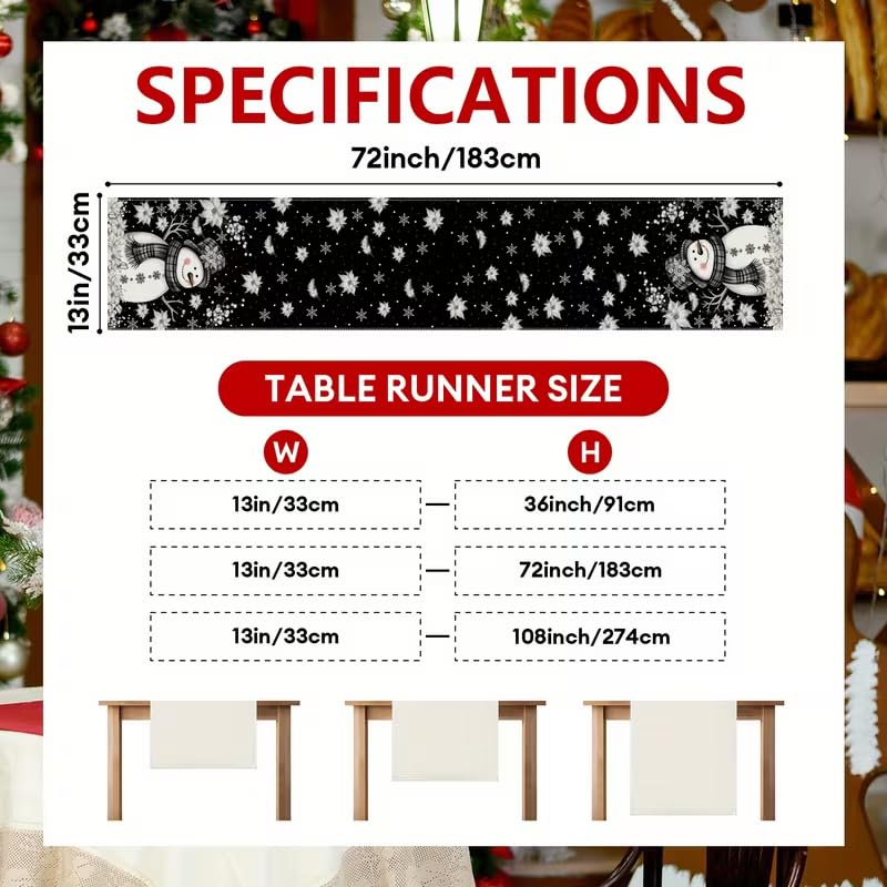 CQFusSTORE Xmas Snowman Feather White Floral Black Table Runner 13x72 Inch