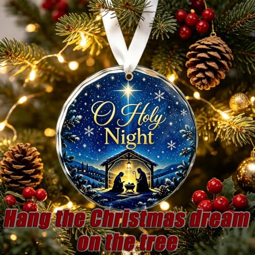 O Holy Night Christmas Ornament - 3 Inch Nativity Scene with Snowflakes & Gold Lettering