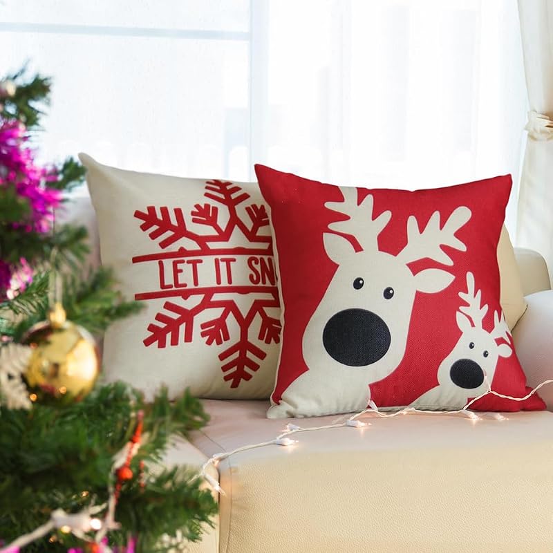 Sunboom Christmas Pillow Covers & Red Holiday Decor Set of 4, 18x18 Winter Farmhouse Throw Pillows