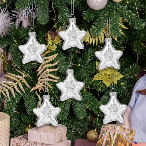 Sumind Silver Mercury Glass Christmas Star Ornaments - 2.36 Inch Set of 6