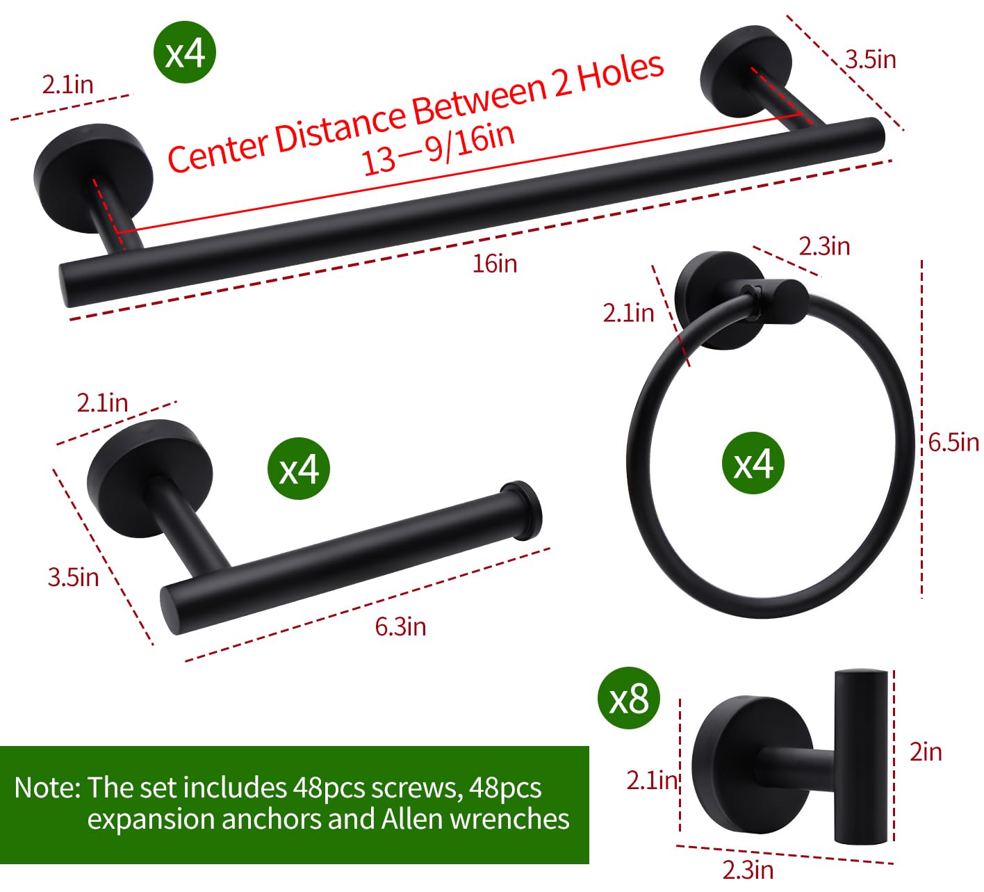 20pcs Bathroom Hardware Set, Matte Black Bathroom Hardware Set, Including 16" Hand Towel Bars, Toilet Paper Holders, Towel Rings, Robe Towel Hooks