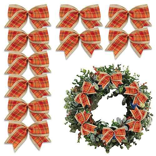 10 PCS Fall Bows for Wreath, Thanksgiving Wreath Bows Orange Red Buffalo Plaid Bow Natural Burlap Craft Bow Holiday Farmhouse Tree Bows for Basket Autumn Thanksgiving Decorations Supplies