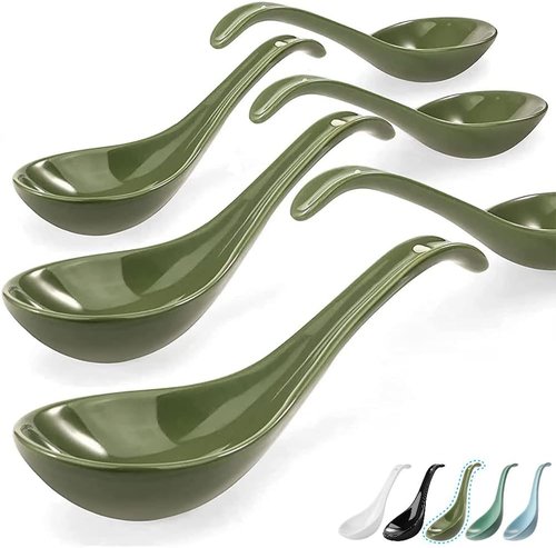 Artena Soup Spoon Set - 6 Ultra-Fine Porcelain Ramen Spoons for Pho & Miso | Deep Oval Design - Green
