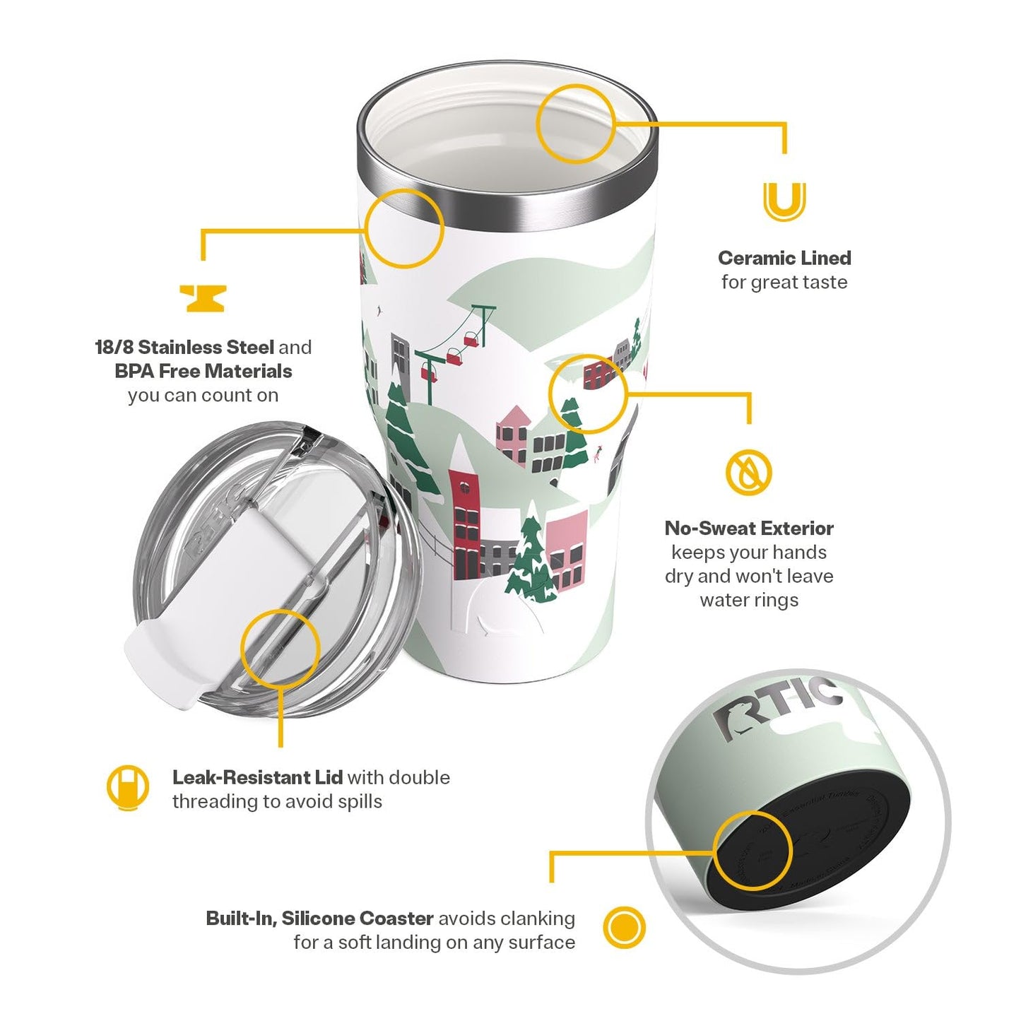 RTIC 30oz Essential Tumbler with Lid, Ceramic Lined, Insulated, Stainless Steel, Metal, Double Wall Vacuum-Insulation, Travel Cup for Iced Coffee, Tea, Hot and Cold Drink, Sunlight Glitter