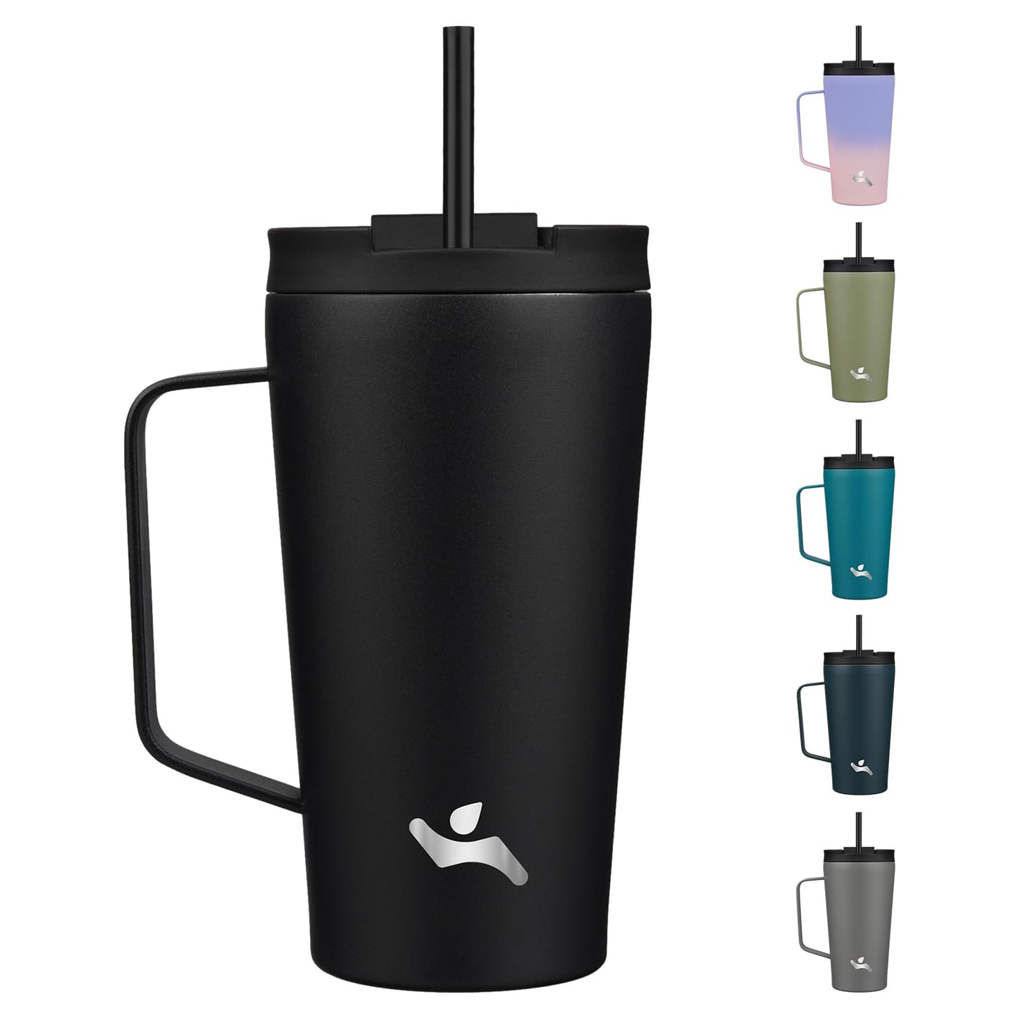 Insulated Tumbler with Handle and Straw, 18 OZ Travel Coffee Mug Stainless Steel Cup Metal Water Bottle,Black