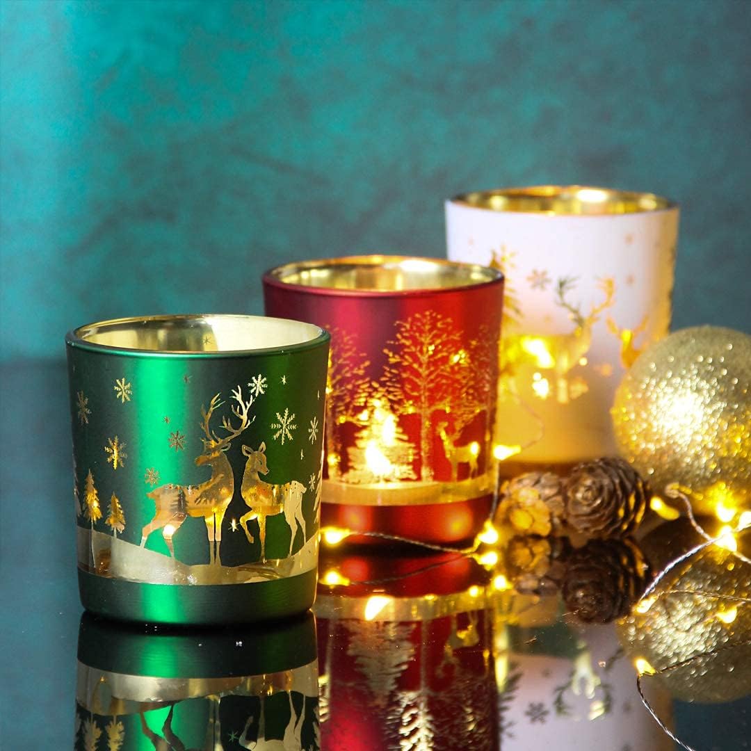 Skiennix Christmas Glass Votive Candle Holders - 6 Pcs Matte Tea Light Holders for Festive Table Décor | 3.15” x 2.75”