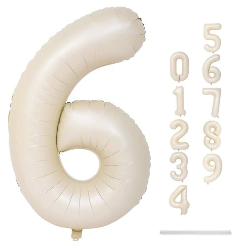 Cream Number Balloons, 40inch Large Beige Number 6 Foil Mylar Helium Balloons for Girls Women, Ivory White Self Inflating Number Balloons 0-9 for Men Boys Birthday Party Celebration Decoration