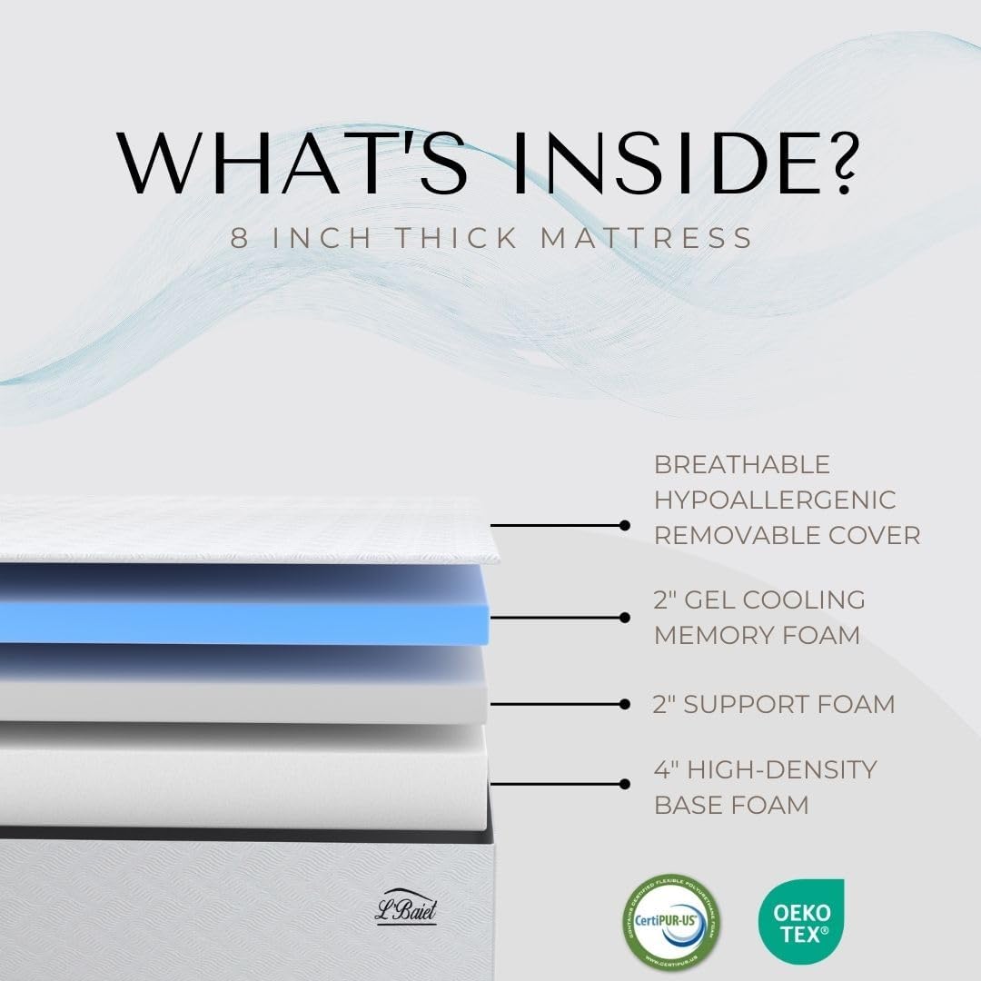 L’Baiet Twin Size Gel Memory Foam Mattress - 8 Inch Medium Firm | Breathable Cooling Technology & Pressure Relief
