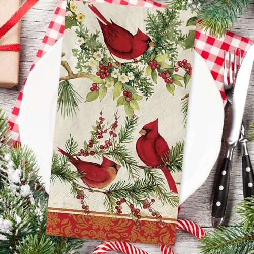 JarThenaAMCS 80Pcs Christmas Guest Napkins Vintage Cardinal Berries Holiday Disposable Hand Towels