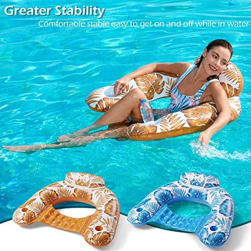 Inflatable Pool Float Chair - Tropical Blue & Gold Large 2 Pack Lounge with Cup Holders