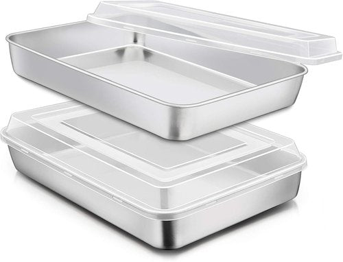E-far Stainless Steel Baking Pan - Heavy Duty Rectangle Sheet Cake Pans with Lids | 12⅓ x 9¾ x 2 Inch - Set of 2