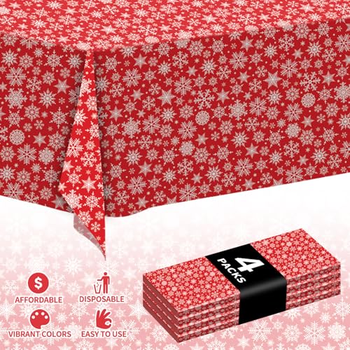 CXPSINC 4 Pack Disposable Christmas Snowflake Tablecloths 54 x 108 Inches - Red Holiday Party Cover