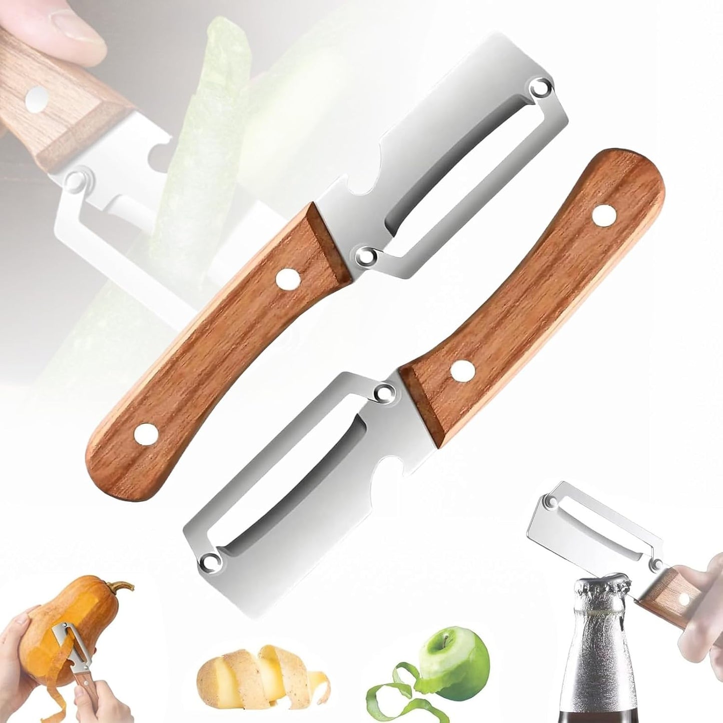 Skiennix 2-in-1 Multifunctional Vegetable Peeler - Stainless Steel Blade & Wooden Handle, Perfect Kitchen Tool Gift (2-Pack)