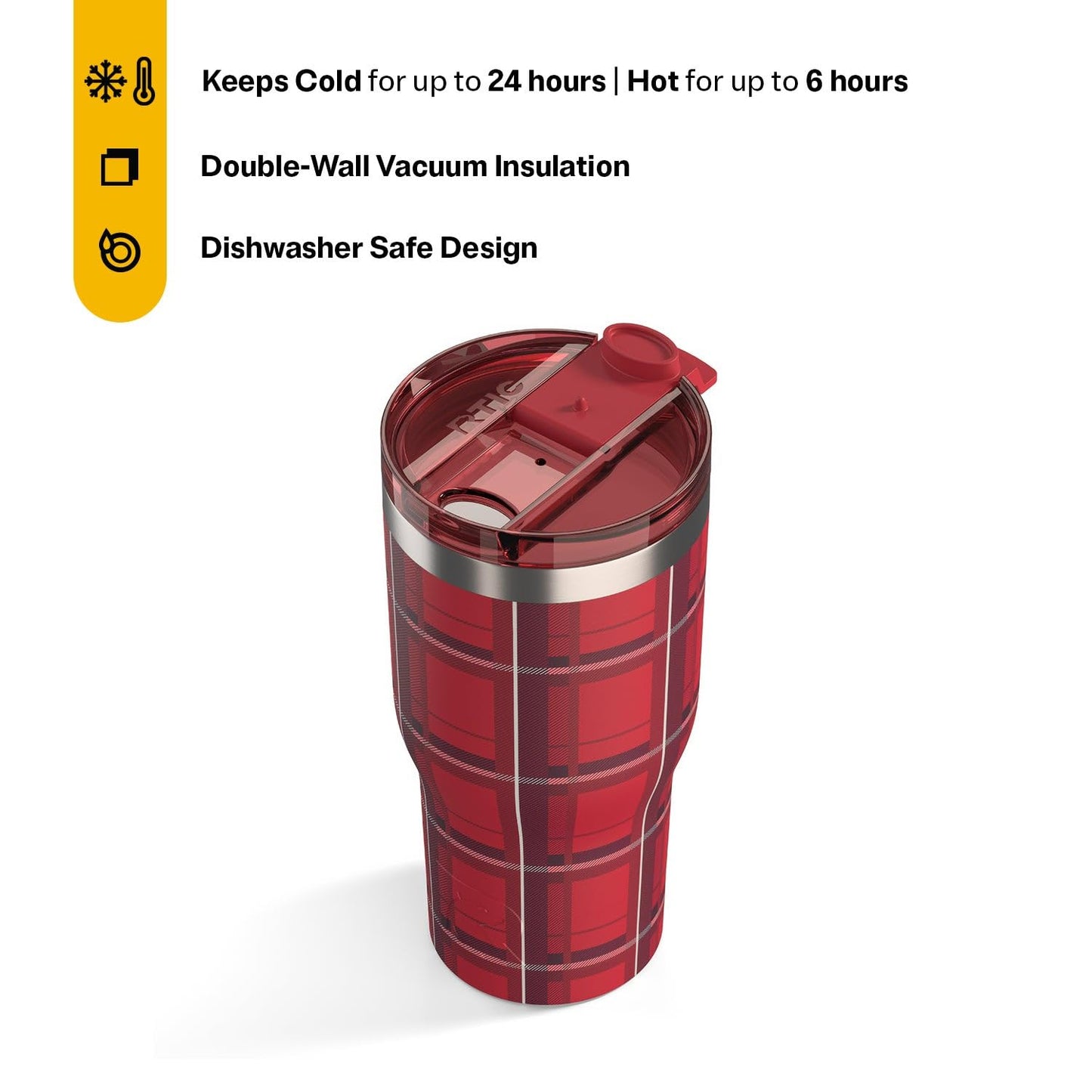 RTIC 30oz Essential Tumbler with Lid, Ceramic Lined, Insulated, Stainless Steel, Metal, Double Wall Vacuum-Insulation, Travel Cup for Iced Coffee, Tea, Hot and Cold Drink, Red Plaid