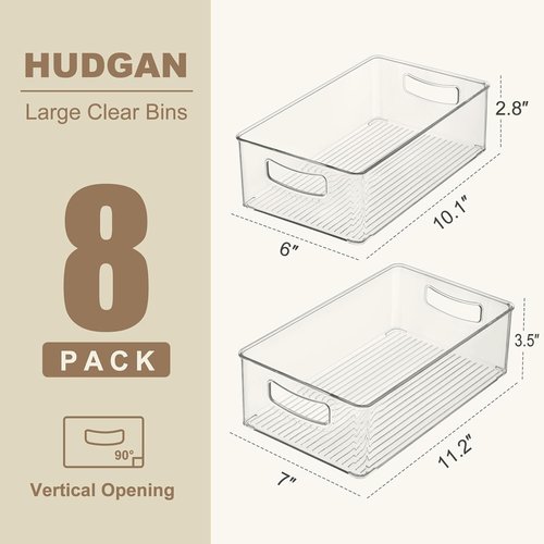 Hudgan Clear Storage Bins - 8 Pack Stackable Organizer Set for Kitchen, Pantry & Bathroom | Large & Medium Sizes