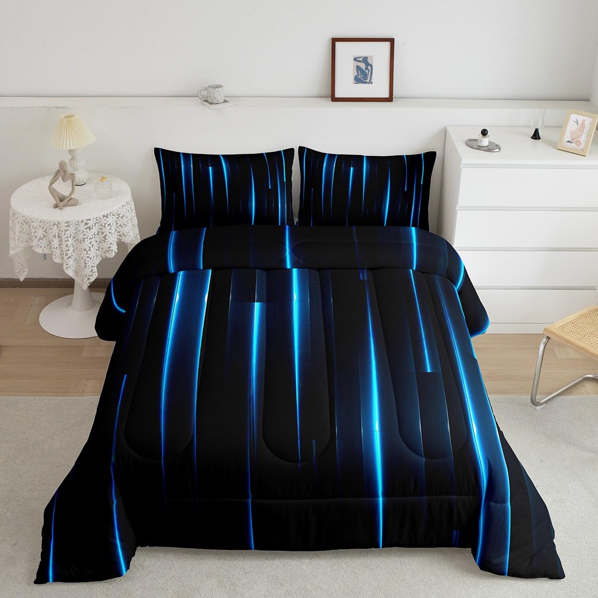 Feelyou Kids Blue Black Striped Comforter Set Twin Size Geometric Abstract Ombre Bedding Set for Boys Girls Teens Bedroom Modern Decor Comforter Women Men Quilt Set