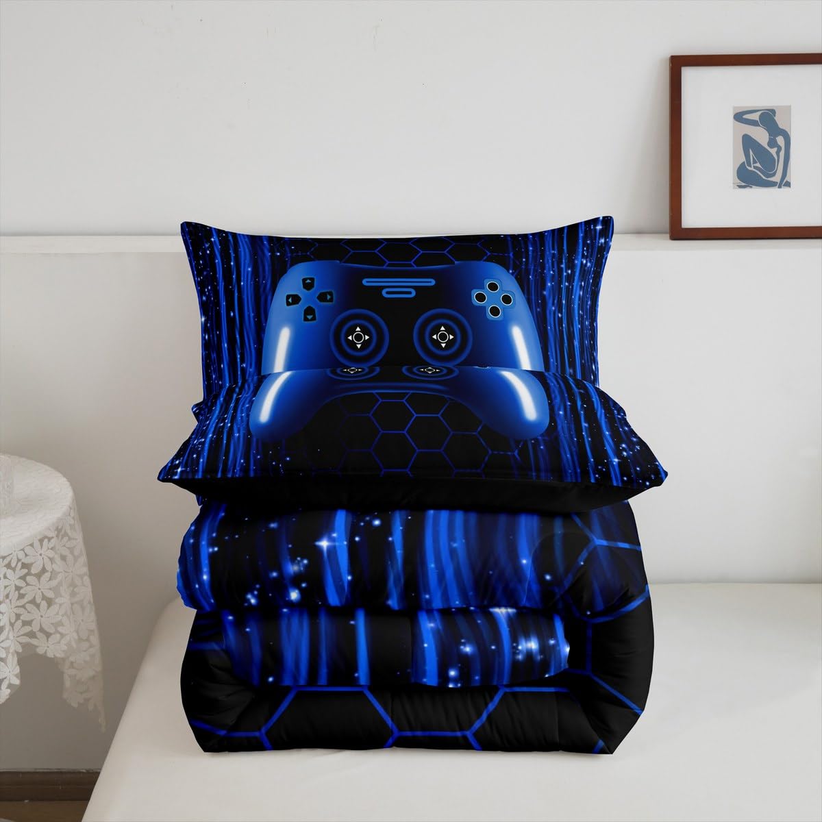 Erosebridal Kids Gamer Full Comforter Set for Boys Bedroom Neon Lights Dark Blue Gaming Bedding Set for Kids Teens Game Console Quilt Striped Honeycomb Hexagon Comforter Geometric Duvet Insert
