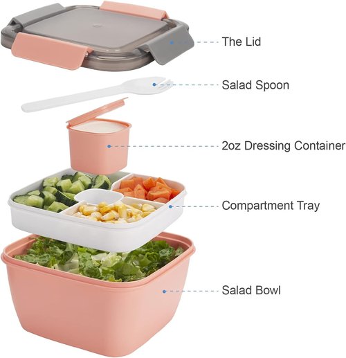 Freshmage Salad Lunch Containers - 2 Pack 52-Oz Bowls with 3 Compartments & Dressing Containers - Pink & Green