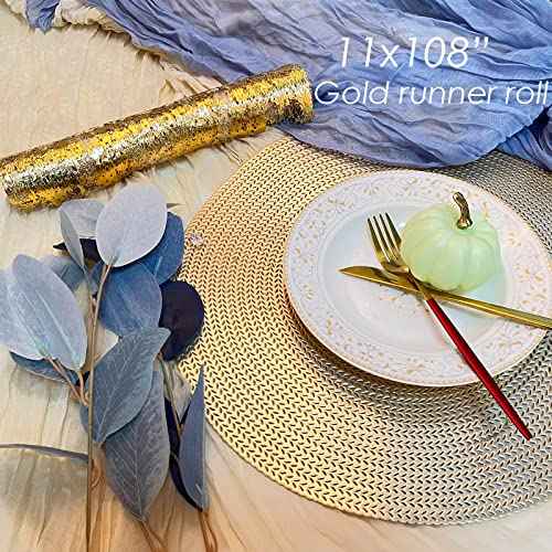 Gold Table Runner - Metallic Party Decorations 9ft Sparkle Foil Mesh Decor for Birthday, Wedding, Anniversary, Thanksgiving, Christmas,? Graduation, Shining Table Cloth