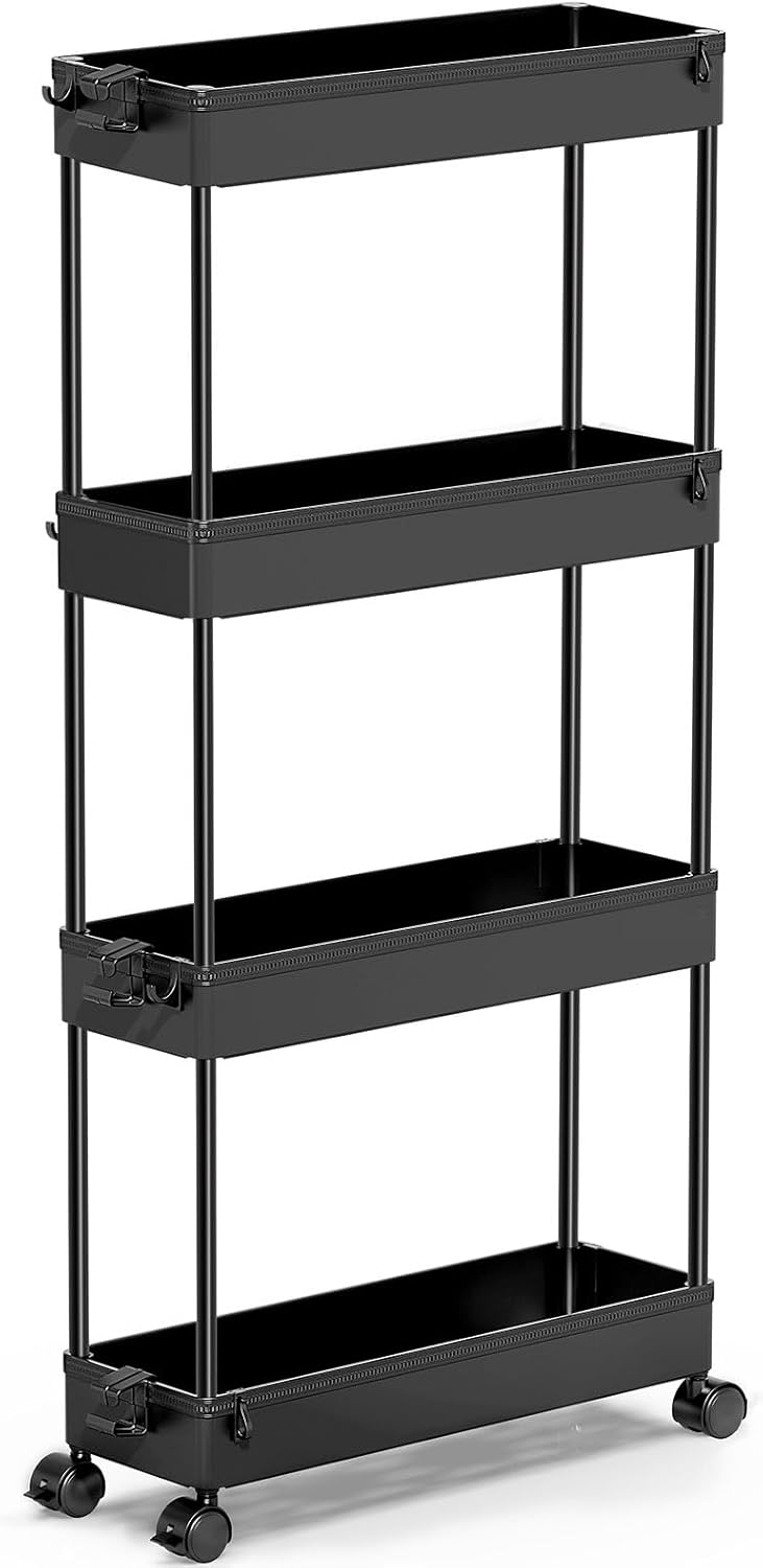 SPACEKEEPER Slim Rolling Storage Cart - 4-Tier Mobile Organizer for Bathroom, Kitchen & Laundry - Black