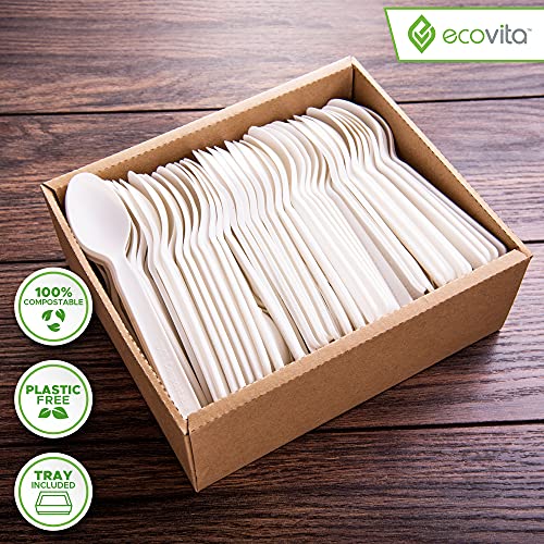 Ecovita Ivory White Compostable Disposable Spoons - 140 Large Eco-Friendly Cutlery, Heat Resistant, 6.3in., Tray Included