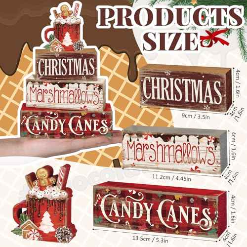 4 Pcs Christmas Hot Cocoa Table Decor Christmas Wooden Decorative Signage Hot Cocoa Tiered Tray Decor Xmas Centerpieces Farmhouse Wooden Block Set Xmas Table Sign for Home