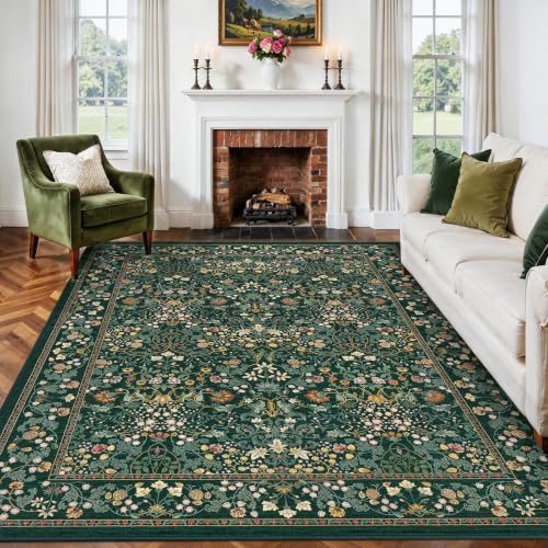 Amada Floral Washable Area Rug 8x10 Dark Green - Non-Slip, Durable, Soft