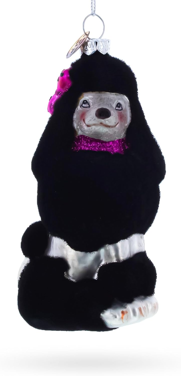 Faux Fur Black Poodle Christmas Ornament - Elegant Glass Holiday Decor
