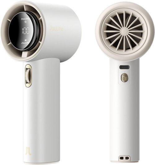 JISULIFE Portable Handheld Fan - Adjustable Speed Turbo Mini with 3600mAh Battery | Rechargeable, Digital Display, Perfect for Travel & Outdoor Use - White