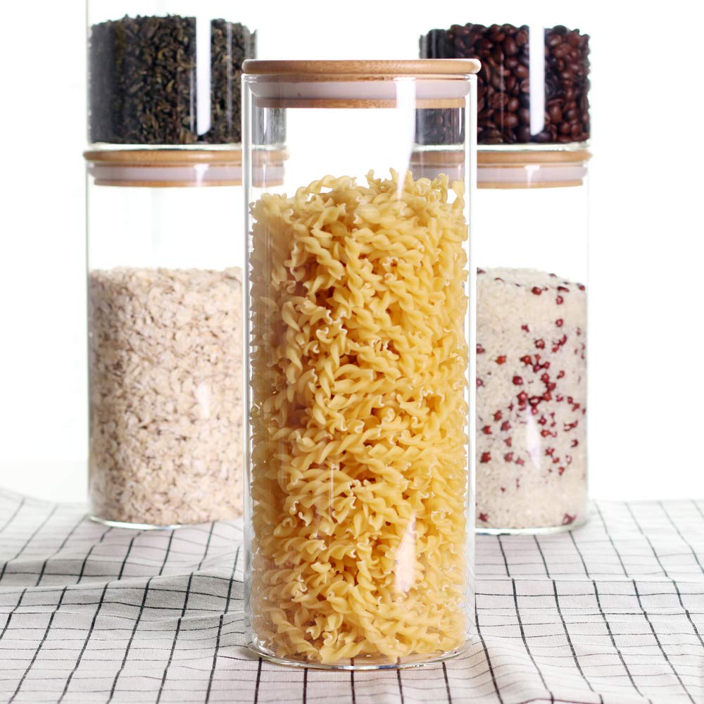 Large Glass Flour and Sugar Containers with Airtight Lids, 2 Pack 1.2 Gallon Flour and Sugar Jars with Wooden Lids, Sugar Canisters Set for Food Storage