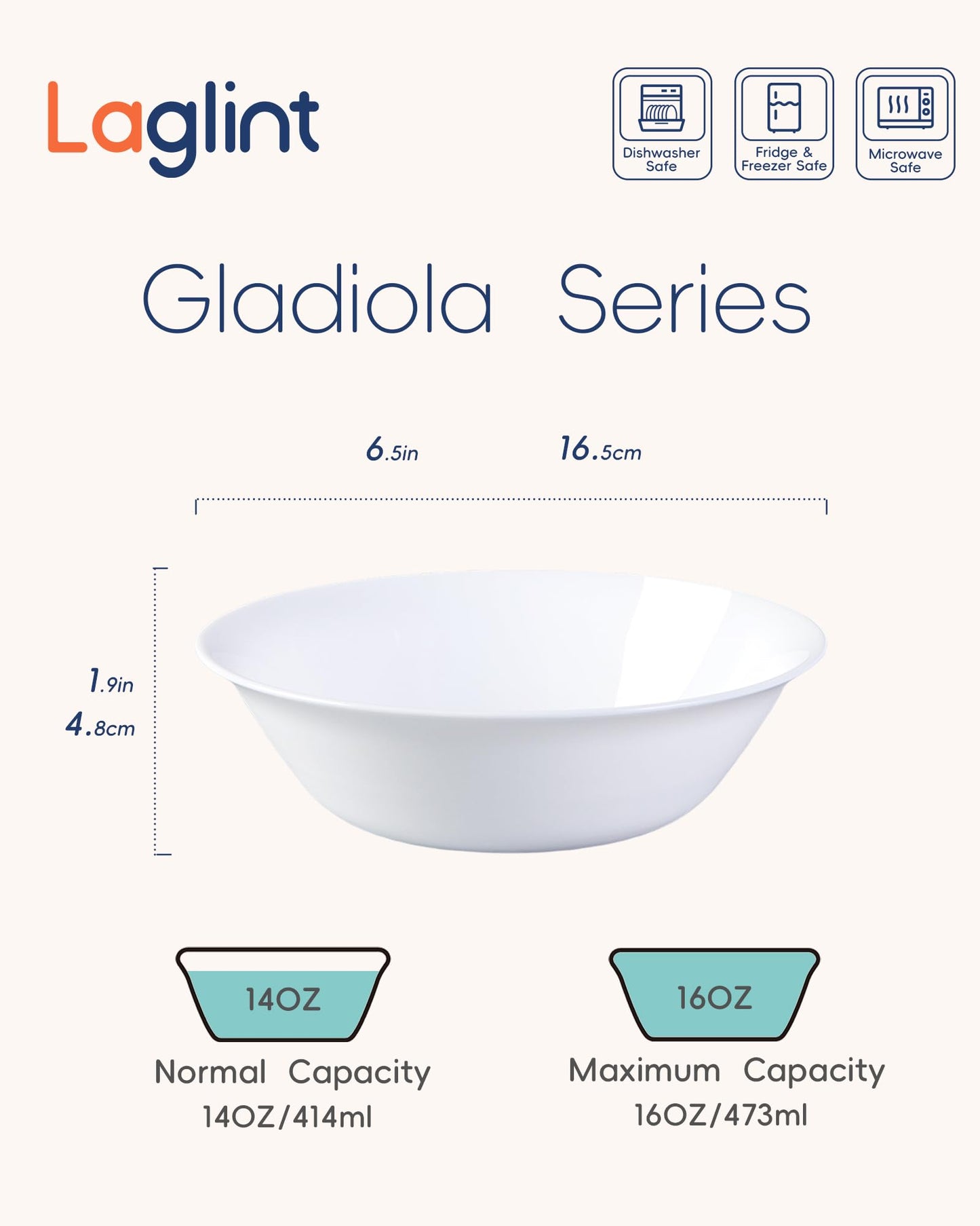 LaGlint 14 OZ (16 OZ MAX) White Opal Glass Cereal Bowl Set of 4, 6.5 inch Dishwasher & Microwave Safe Round Bowls for Soup, Salad and Rice