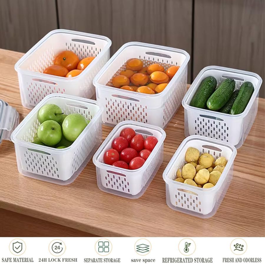 Skiennix 3 PCS Food Storage Containers - Stackable BPA-Free Fresh Keeper Boxes with Lids & Drain Basket