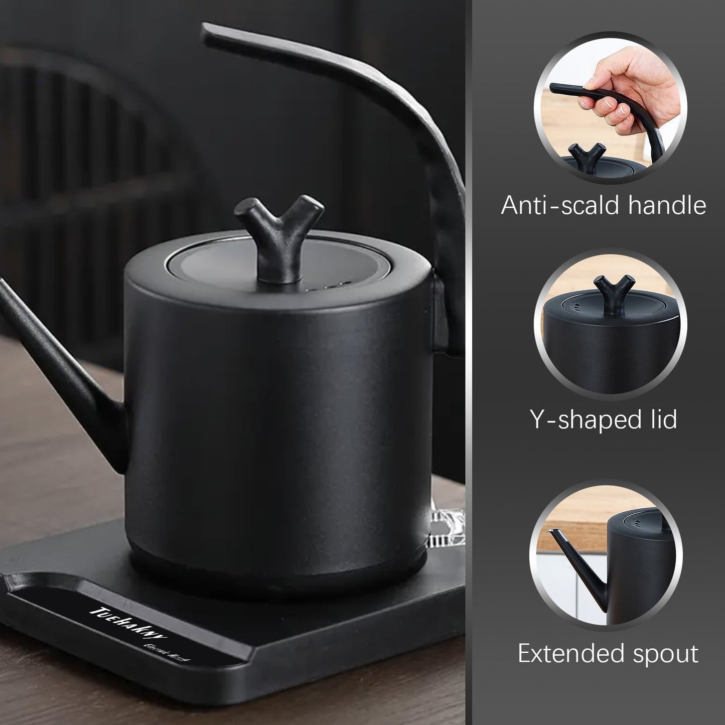 1.0L Gooseneck Electric Kettle - 304 Stainless Steel, 800W Fast Boiling with Auto Shut-Off, Precision Pour Over Kettle for Coffee & Tea, BPA-Free Matte Black Design, For Kitchen, Home, Office