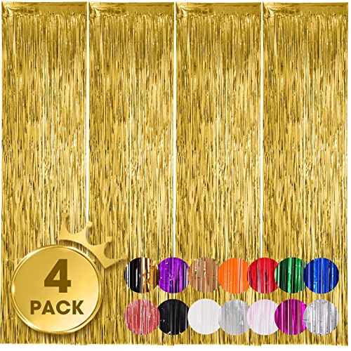 4 Pack Gold Foil Fringe Backdrop Curtains, Tinsel Streamers Birthday Party Decorations, Fringe Backdrop for Graduation, Baby Shower, Gender Reveal, Disco Party