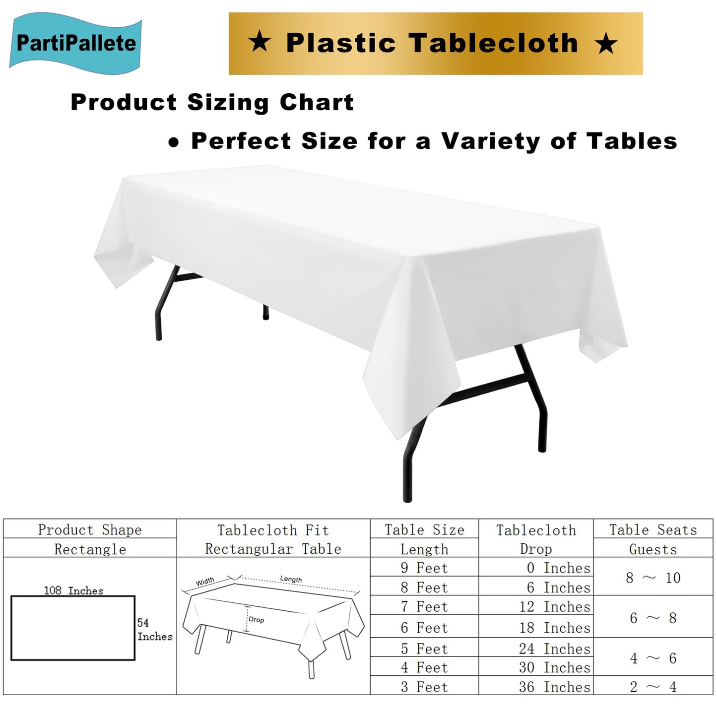 PartiPallete 3-Pack Premium Plastic White Tablecloth Disposable 54" x 108" Rectangle Table Cover Party PEVA Table Cloths for Parties Birthday Wedding Engagement Banquet Fits up to 8 ft Long Tables