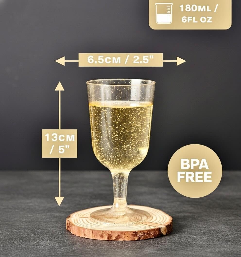 MATANA 50 Gold Glitter Plastic Wine Glasses for Weddings, Birthdays, Bridal Shower & Parties, 6oz - Sturdy & Reusable
