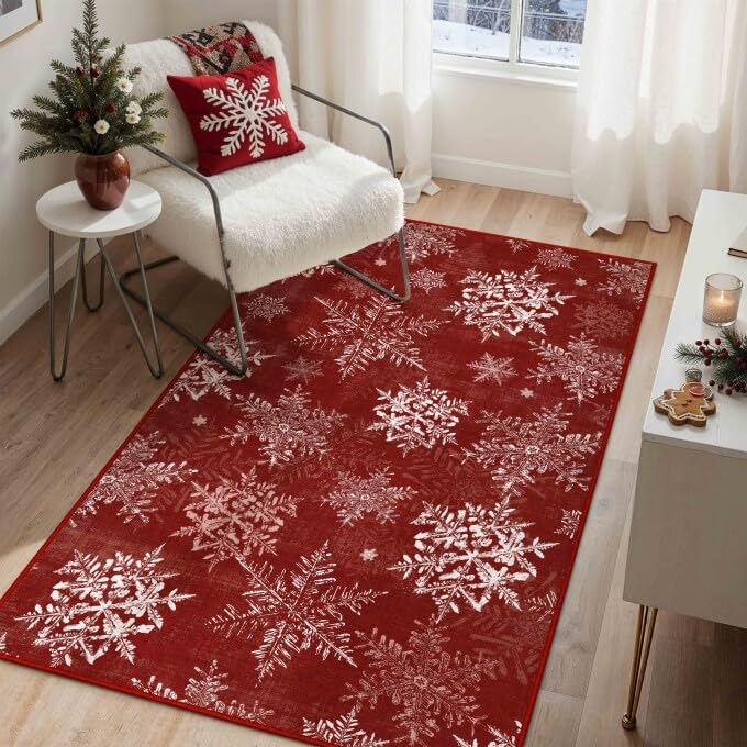 PureCozy Christmas Area Rug 3x5 ft Snowflakes Red Non-Slip Holiday Carpet