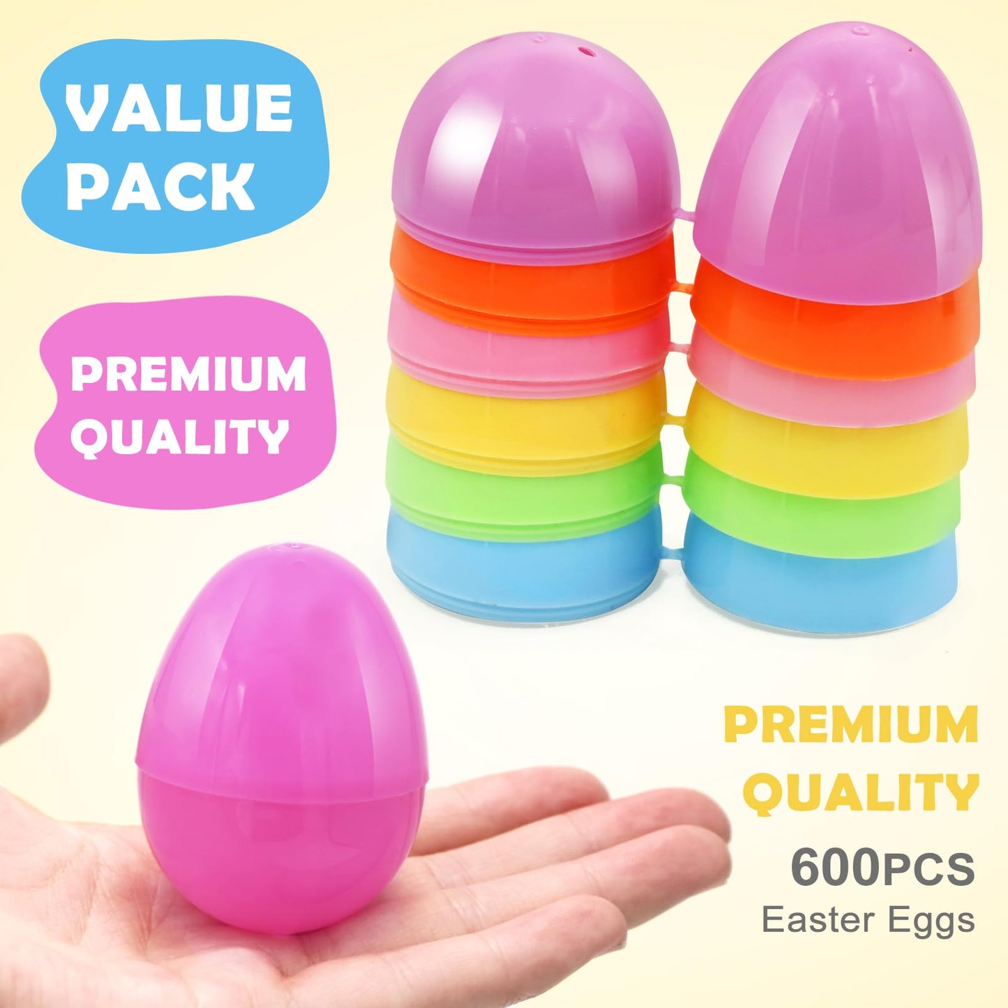 YZNlife 600Pcs Plastic Easter Eggs Bulk – 2.3" Fillable Empty Eggs for Easter Egg Hunt, Party Favors, Basket Stuffers, Classroom Prizes, & Treat Filling – Bright Multicolor ﻿ ﻿
