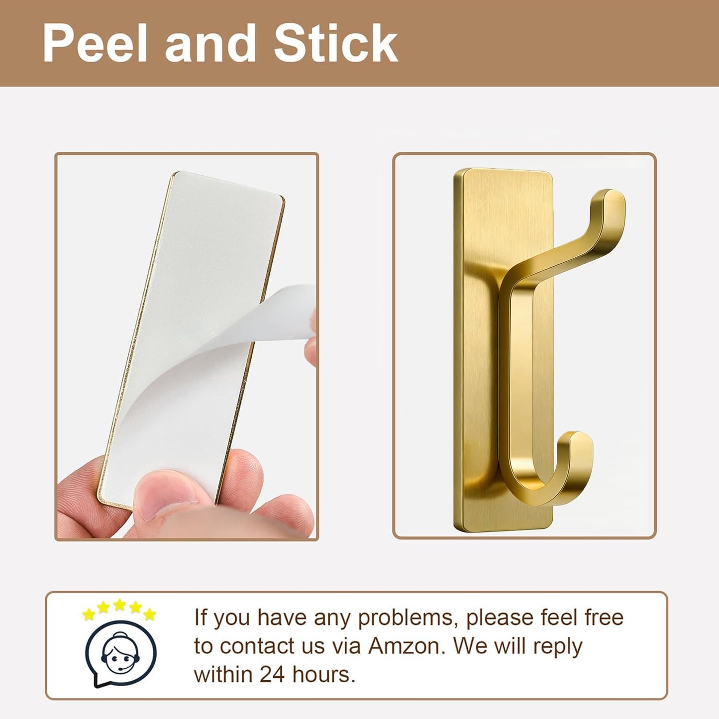 pickpiff Self Adhesive Hooks, Extra Sticky 10LB (Max), Heavy Duty Stainless, Stick On Wall and Door Hooks for Hanging, Bathroom Towel Hooks and Coat Hooks, Robe Hook Wall Mounted, Gold, 4 Pack