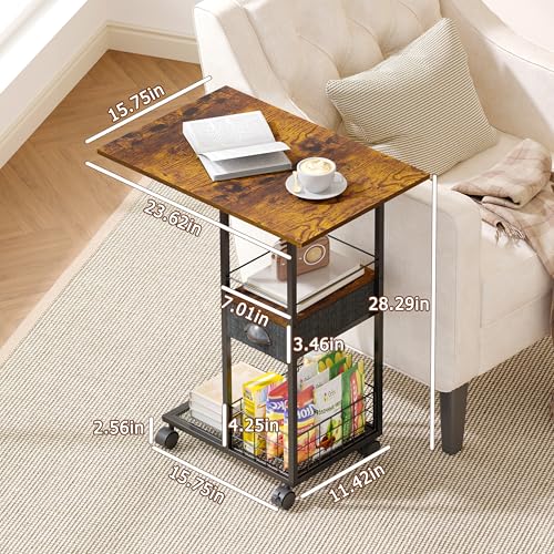 Black Large Rolling C-Shaped Side Table with Drawer & Wheels
