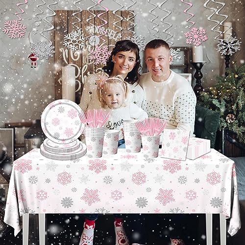 Pink Snowflake Winter Wonderland Disposable Party Tableware Set 142pcs