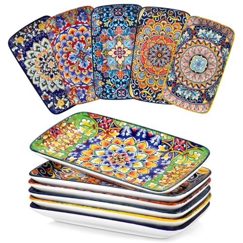 Vancasso Simi 9.5 x 5.6 Inch Rectangular Serving Plates Set of 6 - Bohemian Floral Design