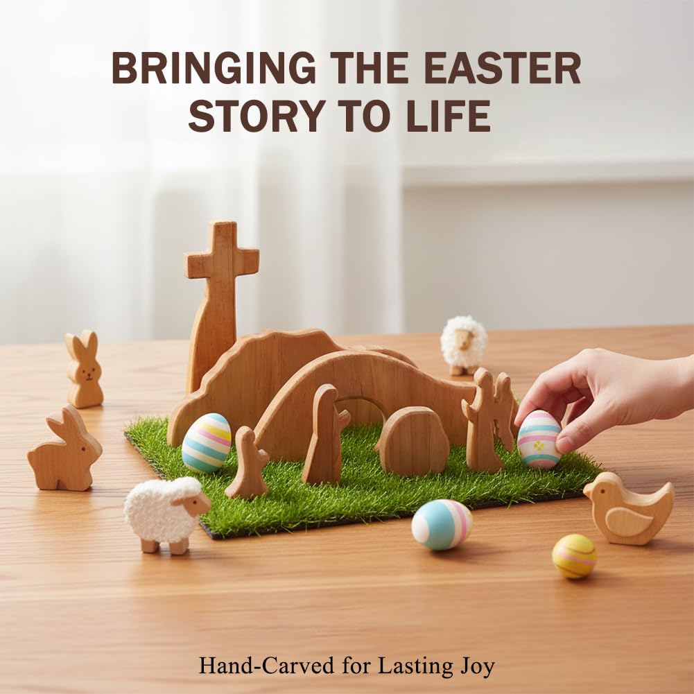 YOSINXU Empty Tomb Easter Scene and Christian Cross Decoration, Wooden Easter Resurrection Scene Cross Jesus Tomb Tray Set, Easter Decor for Religious Home Office Tabletop Christian Gifts
