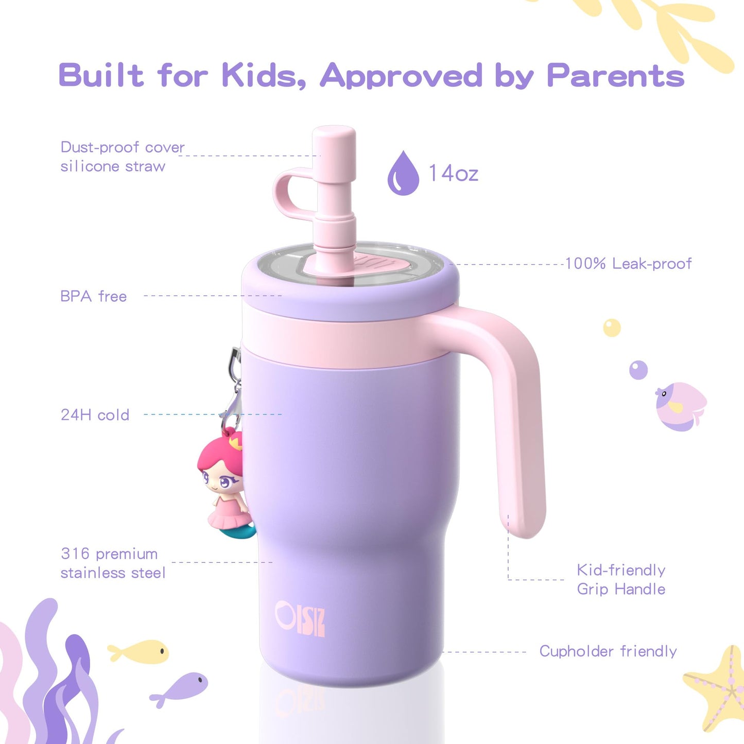 OISIZ 14oz Kids Tumbler with Straw Lid & Handle,Kids Cup with Animal Accessory for School,Kids Water Bottles with Dust-proof Cover,Leakproof Water Bottles,316 Stainless Steel,Keep Cold 24 Hours-purple
