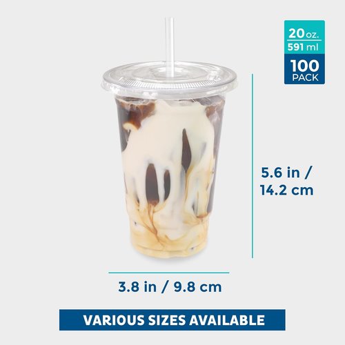 Freshware Clear Plastic Cups - 20 oz Disposable Tumblers with Flat Lids & Straws | Perfect for Iced Coffee, Smoothies & Cold Drinks