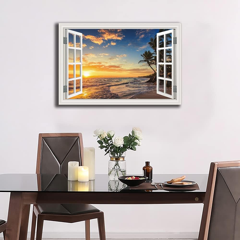 Seascape Beach Wall Art Print for Living Room - Window Frame Style Canvas Wall Decor Ocean Wave - Tropical Palm Tree Picture for Bedroom Office Home Decoration