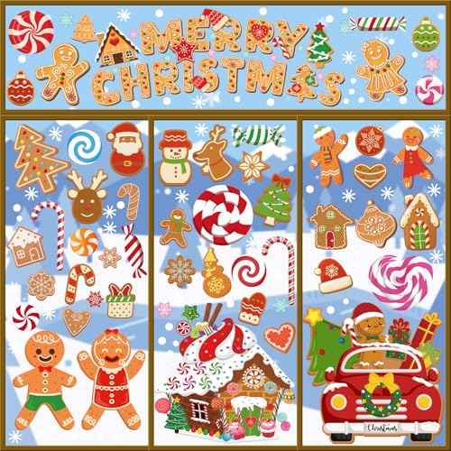 XZENTIRA 288 PCS Gingerbread Window Clings Christmas Party Decorations Gingerbread House Window Stickers for Home Window Glass Display Decorations Winter Window Stickers 9 Sheets