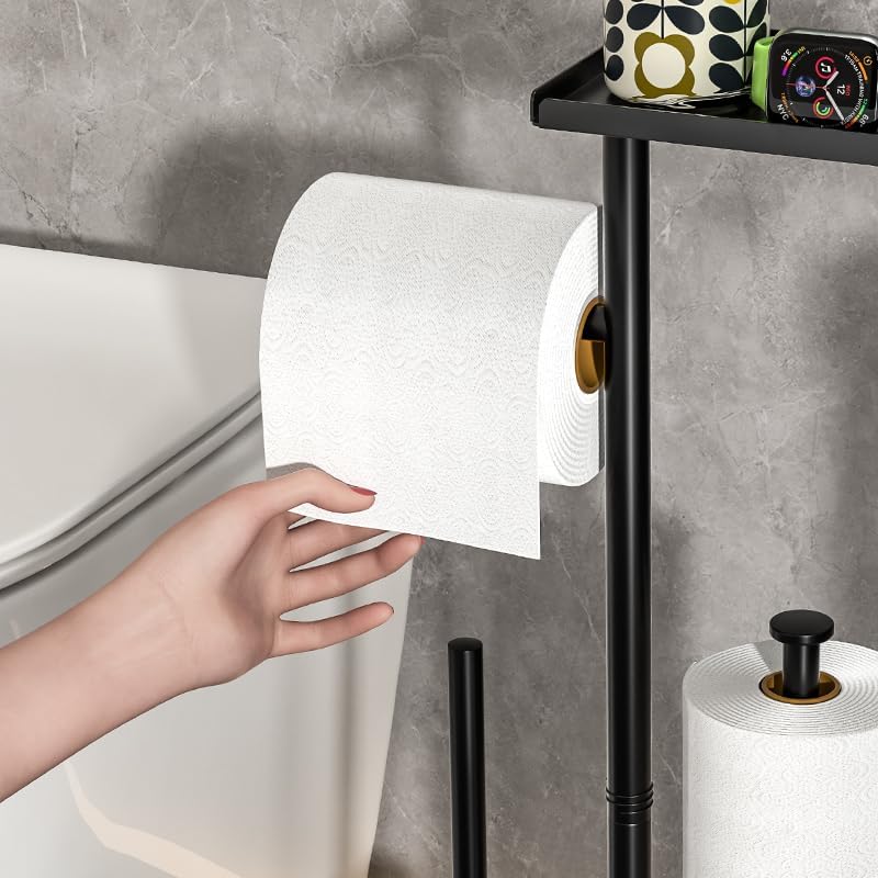 Skiennix Modern Bathroom Toilet Paper Stand - Black Metal Holder with Storage Shelf for 3 Mega Rolls | 24x12x60 Inches