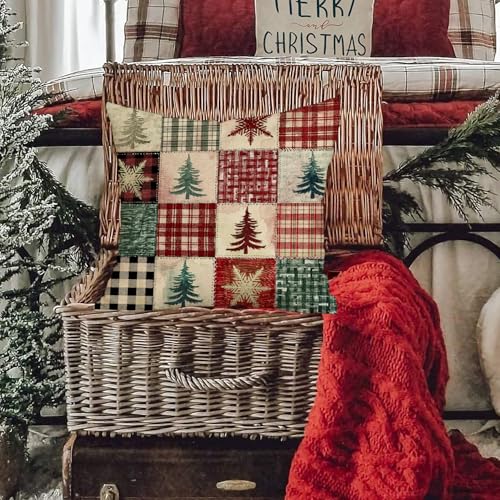 RABUSOFA Christmas Pillow Cover 18x18 Red Plaid, Invisible Zipper, 100% Polyester Linen